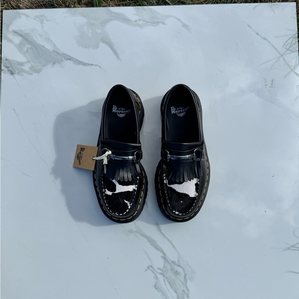 SOLD 

Dr.  Doc Martin ADRIAN SNAFFLE HAIR ON & LEATHER COW PRINT KILTIE LOAFERS